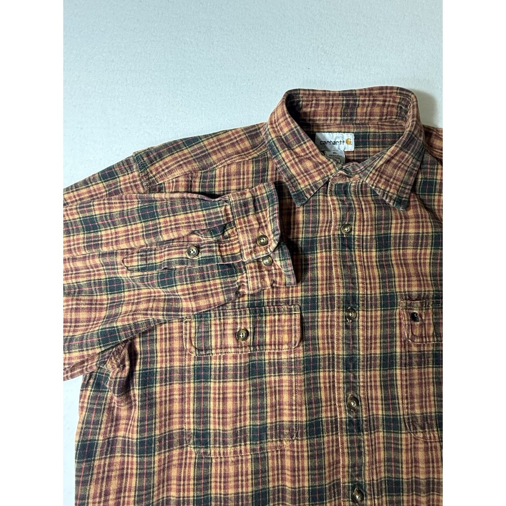 Carhartt Shirt Mens XL Heavy Cotton Orange Plaid Shirt